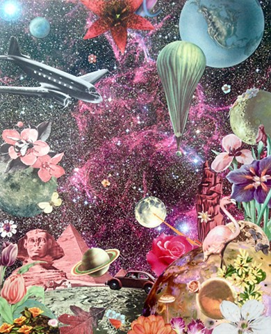 You can travel by plane, automobile, or hot air balloon to get from planet to planet in outer space. You might even see the pyramids or a flamingo. Analog collage
