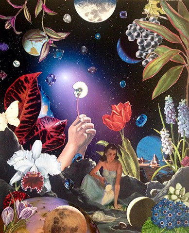 Flowers galore in outer space with stars and jewels and a happy gardener. Analog collage, shawn marie hardy, collage-a-dada, surrealism