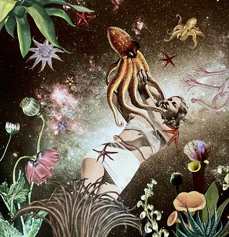 Octopus love and this attractive woman is having fun in the cosmos in this surreal collage