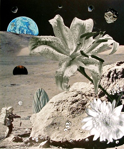 This astronaut's offering is a moon balloon, to the mysterious object of his desire, while walking on the moon. That moon lily is beautiful! Analog collage, collage-a-dada, shawn marie hardy, surrealism, black and white