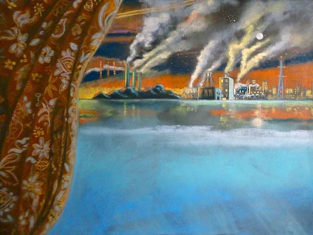 Pastel drawing of a surreal industrial landscape with floral curtain and lots of smoke. By Shawn Marie Hardy, Collage-a-Dada