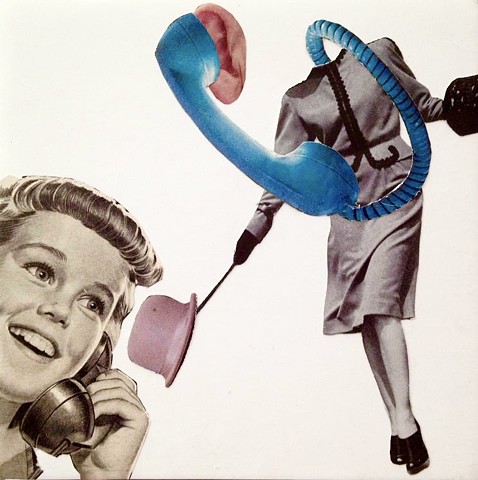 Hand cut analog collage 5 x 5” surrealism dada Phone gab chatty girl