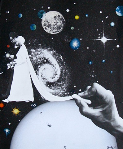 An ambitious artist draws a happy couple walking through outer space. analog collage collage-a-dada shawn marie hardy