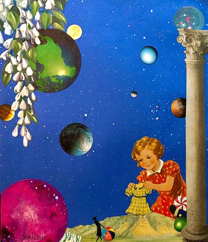 This girl child wants to shower her new little friend with gifts in her giant land in this surreal collage