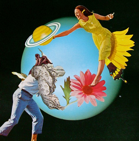 Guy blindly chases girl. Girl chases Saturn but her butterfly wing leg gives her an Advantage. Analog collage, surrealism, collage-a-dada, shawn marie hardy