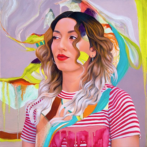 Painted portrait of a woman with long ombré hair wearing a red and white striped shirt amidst a lavender purple, citrus green and blue abstract background. 