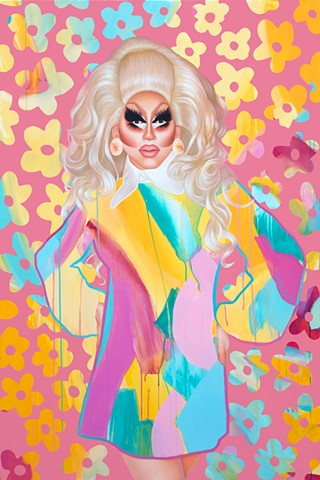Abstract and realism portrait of drag queen Trixie Mattel in pink, blue and yellow. 