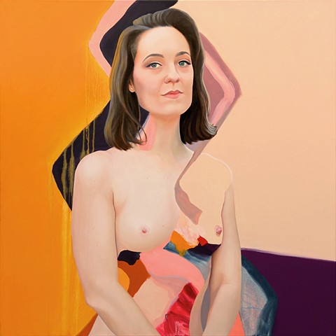 Nude portrait of Australian LGBTQIA Activist Sally Rugg with a gold, purple and pink abstract background.