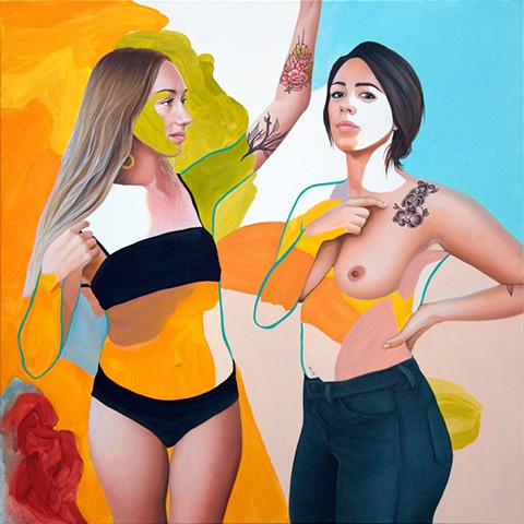 Portrait of two women painted realistically with abstract background in blue, green, orange and nude. 
