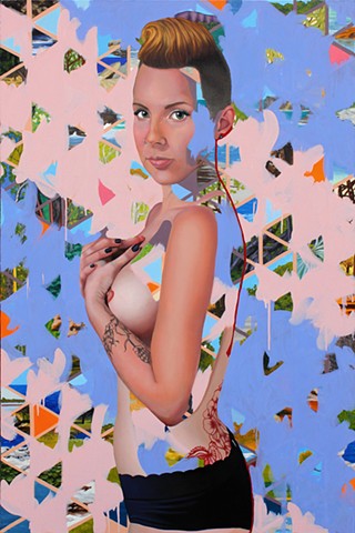 Nude woman with mohawk and tattoos in front of patterned background with triangle landscapes.