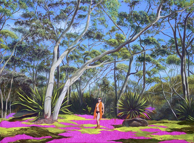 Painting of a topless women in the Australian woods among trees and foliage. 