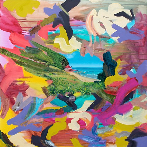 Colorful abstract painting of Werrong Beach in the royal national park south of Sydney, Australia. 