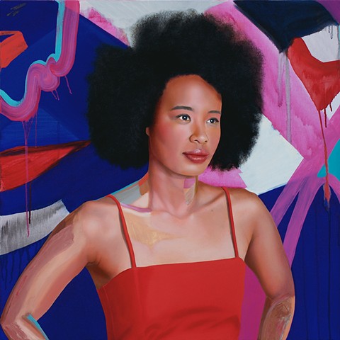 Painted portrait of Faustina Agolley with red, blue and pink abstract background