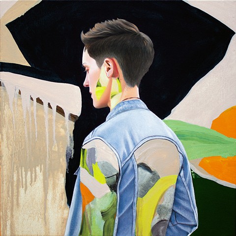 painted portrait of Dano Vos wearing denim jacket in a neutral and black abstract with orange and green. 