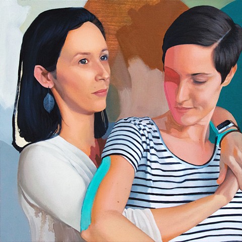 Oil painting portrait of a lesbian couple in love with abstract background