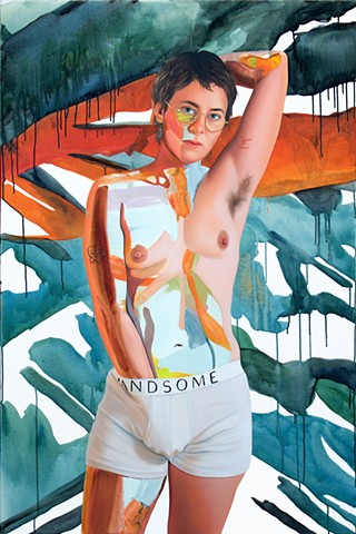Painted portrait of an androgynous women wearing HANDSOME underwear amidst an abstract background of blue and amber orange. 