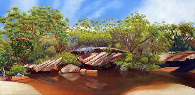 A painting of Deer Pool, Royal National Park in green, orange and blue.