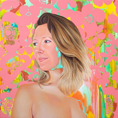 Portrait of a blonde, lesbian woman with an abstract background and pink floral pattern. 