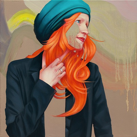 Woman with orange hair wearing a suit jacket and blue hat with neutral abstract background.