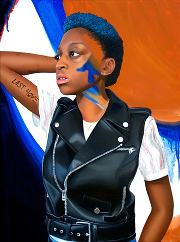  Painted realism portrait of Jess Guilbeaux, a strong, black lesbian woman with ultramarine blue and ochre abstract background.