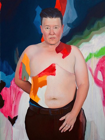 Portrait of a shirtless transgender man amidst an abstract background of navy blue, green, pink orange and white.