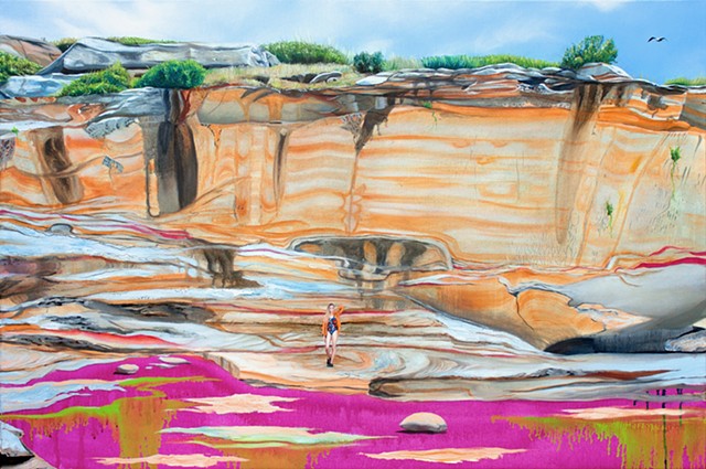 Painting of a blonde woman in an orange short and Gorman bathing suit standing in front of the cliff of Bare Island at Kamay Botany Bay.