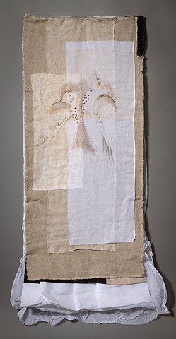 Gouache on cotton organdy, hand stitched, linen, bustle
