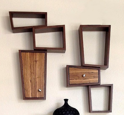 Walnut and zebra wood hanging shelves by Kyle Dallman