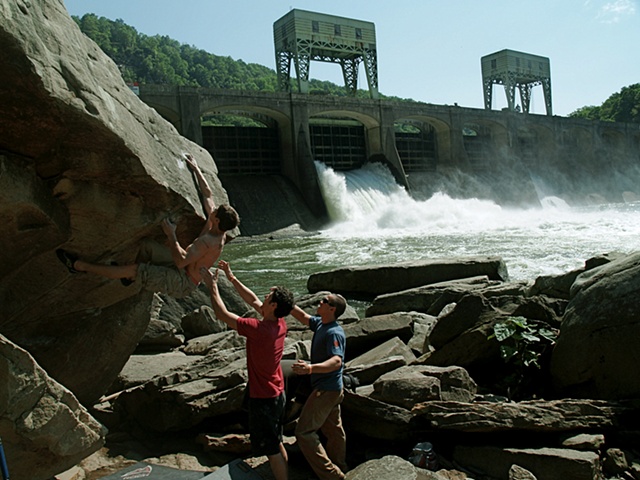 Boys bouldering at Hawk's Nest Dam