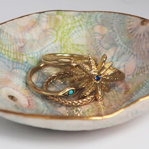 rainbow lace dish, gold needle ring, gold braid ring, brass star ring