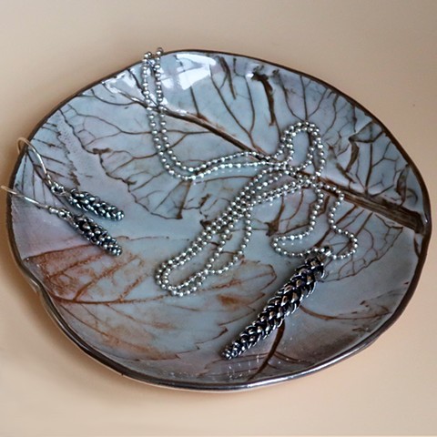 leaves porcelain plate, sterling silver Norfolk Pine jewelry