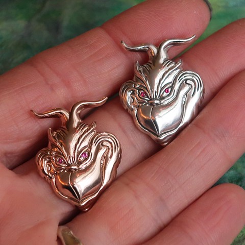 The Grinch, solid rose gold, ruby eyes, sterling silver