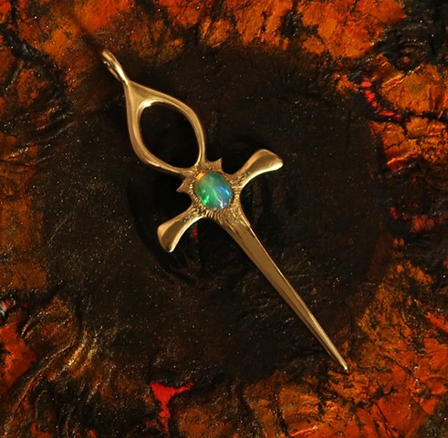 Gold and Opal Ankh Dagger Pendant