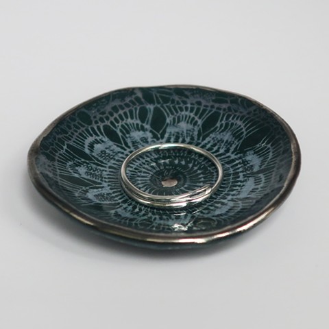 silver sewing needle ring, porcelain lace plate