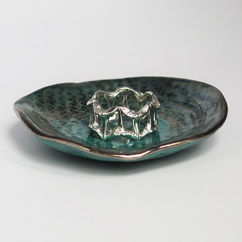 dragon skin porcelain dish, sterling silver shark tooth ring