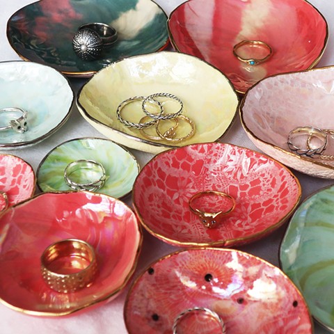 Assorted Lustered Porcelain Jewelry/Trinket Dishes with Assorted Rings