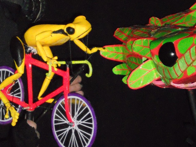 close up of Bike Frog Puppet and Quetzal