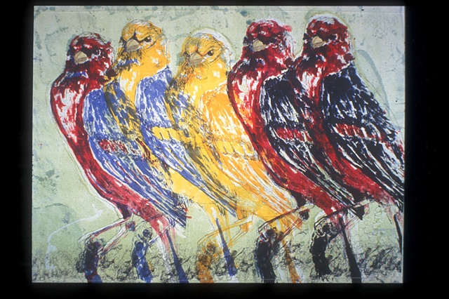 large scale screenprint, western tanagers, by Jill Fitterer