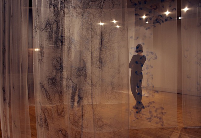 The space is filled with Screenprinted hair on silk, silk gauze creating a space of veiling,  unveiling and protecting.