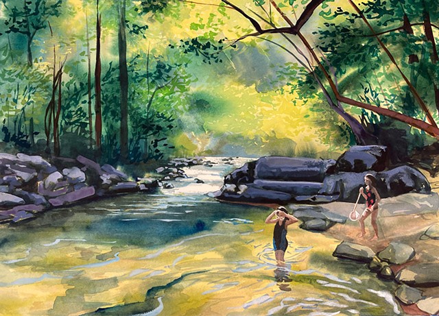 Girls Preparing to Catch the Little Fish