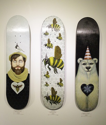 Skateboards, Art, Painting, Bumble Bees, Polar Bear, Bird, Kick Flip, Montreal, 2014