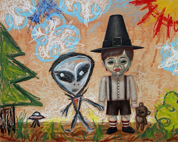 Art, Painting, Kid Drawing, Alien, Black Eyed Kids, Acrylic, Oil Sticks, Pascal Leo Cormier, Payazo, Montreal, Galerie Abyss, UFO