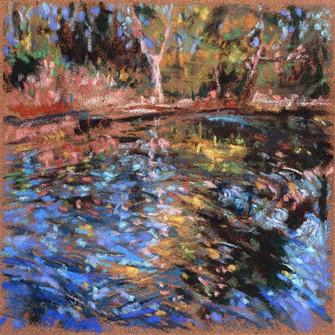 Pastel drawing river in spring, reflections
