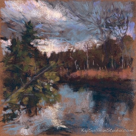 River storm clouds pastel drawing