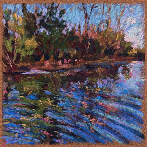 Pastel drawing river in spring, reflections