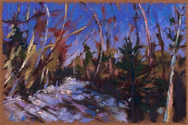 Pastel landscape drawing woods blue sky