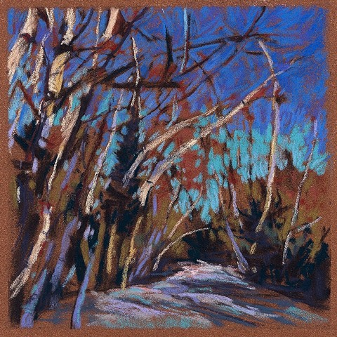 Pastel drawing blue sky and trees