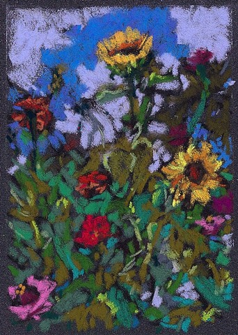 Sunflowers & Zinnias (on Grey) (sold)