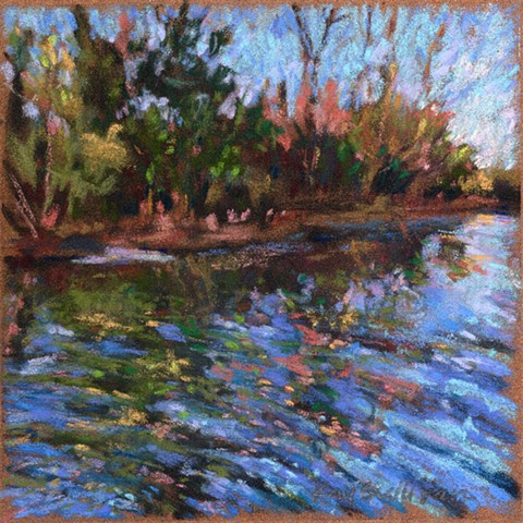 Pastel drawing river in spring, reflections