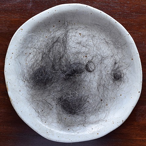 Living: Once or Never (detail) 
Detail of individual item from a collection of 27 

Medium: Installation/ archival project (once-living objects, handmade ceramic) 

Size: 9" diameter plate 
Year: July 2020
